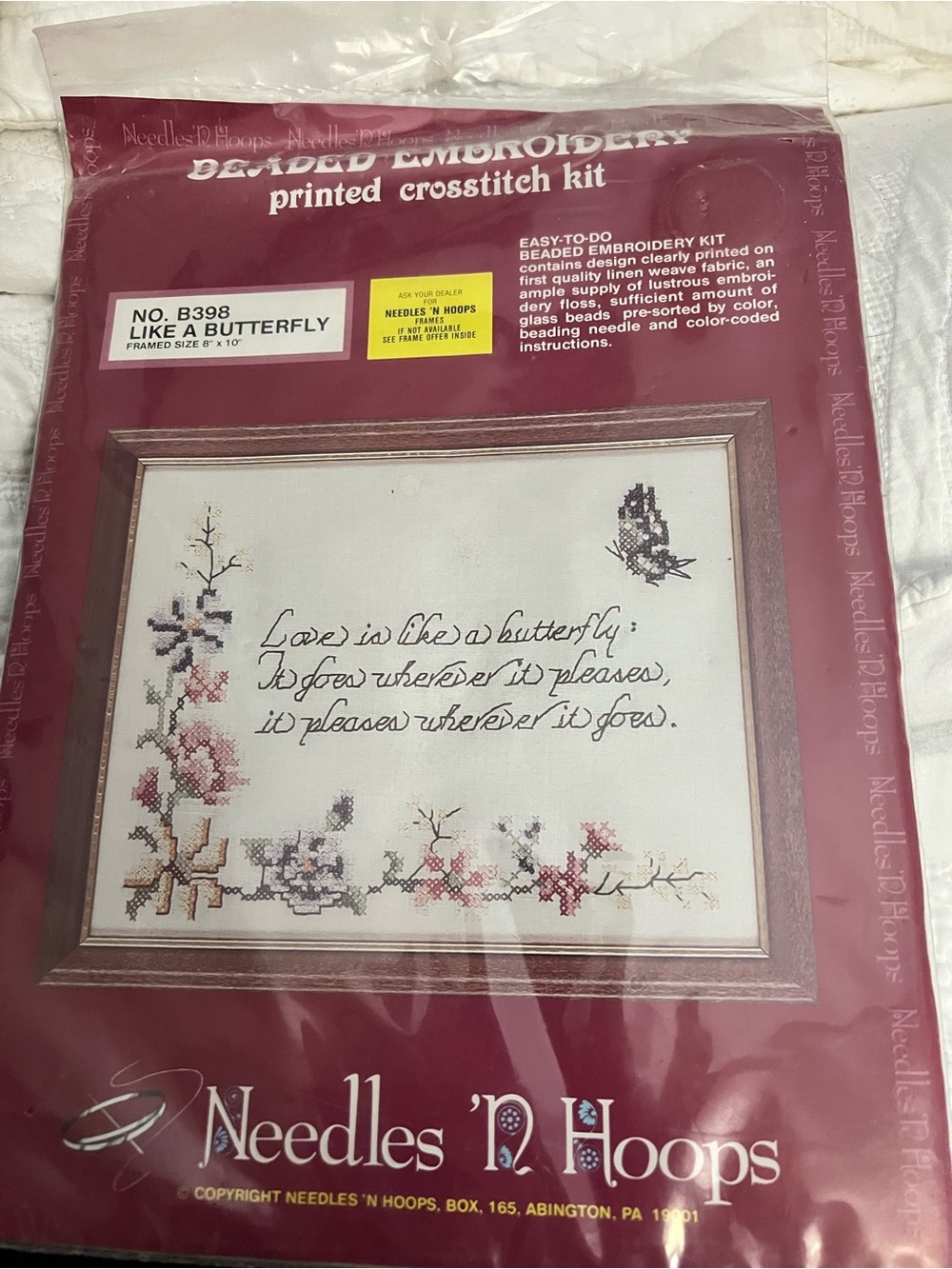 Butter Beaded Embroidery Crossstitch Kit in Burgundy and Cream.  Never  opened.
